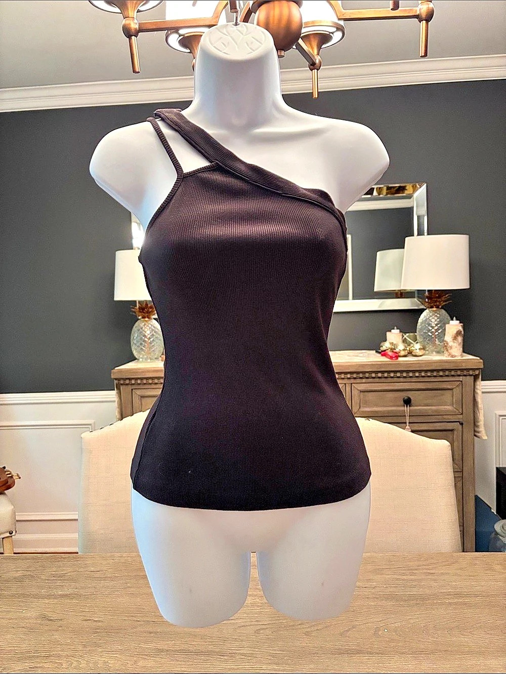 Maeve Ribbed Asymmetrical Tank Top in Black XXS NWT